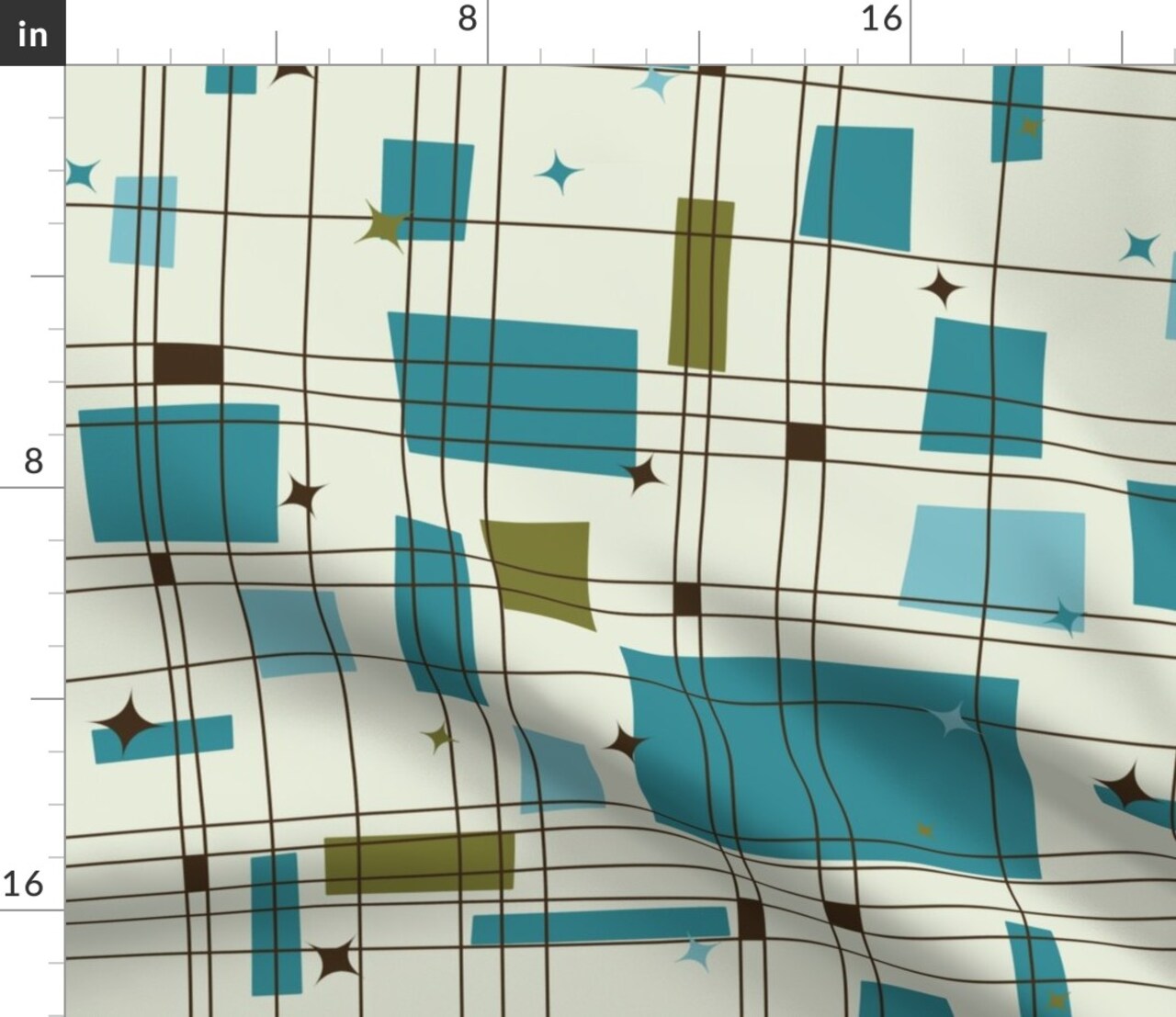 Mid Century Modern Grid Stars Teal Mod Retro Jazz Vintage 1950S Geometric Aqua Abstract Custom Printed Fabric by Spoonflower Various Fabrics by the Yard or Fat Quarter